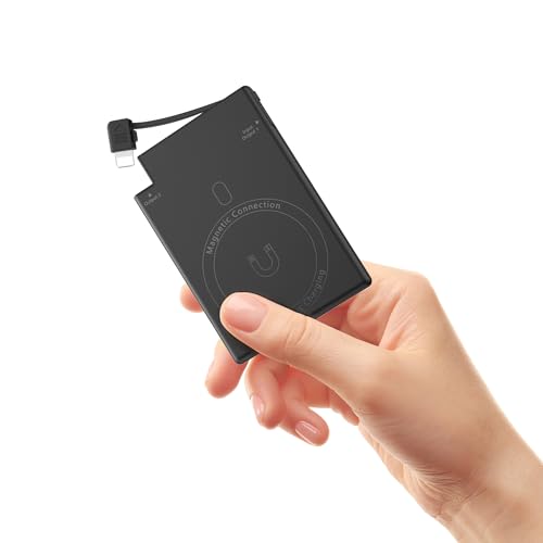 Auskang Mini magnetische Powerbank mit integriertem Kabel,5000mAh Ultra Slim Externe Batterie, Klein Aber Stark externer Akku kompatibel mit iPhone 14/13/12, etc.- Nicht drahtloses Aufladen von Auskang