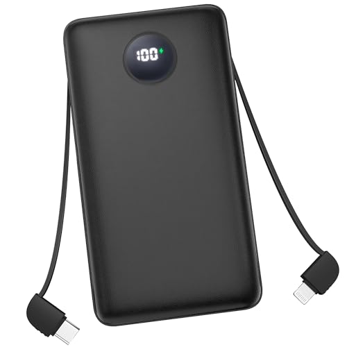 Auskang Powerbank 10000mAh mit Kabel, 22,5W Powerbank Klein Aber stark, Ultradünn PD Power Bank, LED Display Externe Handyakkus, Kompatibel mit iPhone, iPad, Samsung, Huawei, Xiaomi usw- Schwarz von Auskang