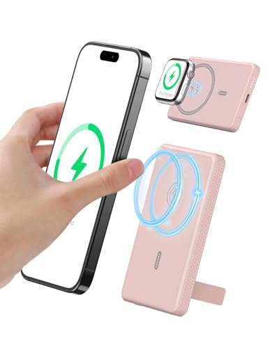 Auskang Wireless Powerbank 5000mAh, Magnetische Power Bank klein mit USB-C 18W Schnellladefunktion, Kabellose externer Akku kompatibel mit iPhone 15 Pro Max/Pro/15/14 Pro Max/13 Pro (Rosa) von Auskang