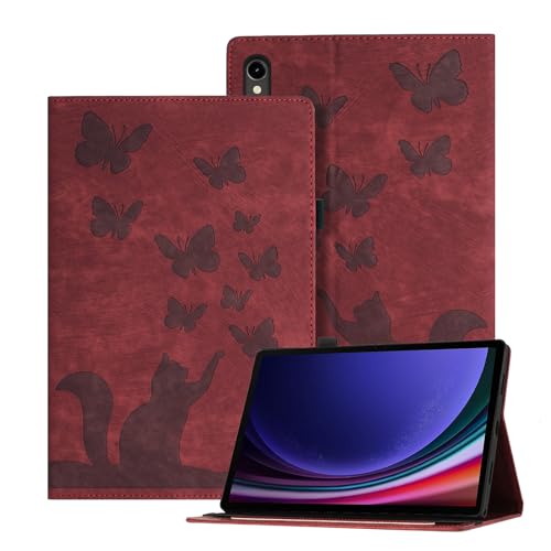 Ausblin Geprägte Galaxy Tab S9 Hülle 11" Tab S8 Tab S7, Schmetterlings und Katzen Themen Retro PU Leder Tablet Hülle für Samsung Galaxy Tab S9(X710)/S8(X700)/S7(T870) 11", Rot von Auslbin