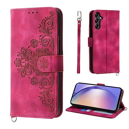 Auslbin Blumen Galaxy A54 5G Hülle (2023) 6.4", Vintage-Stil PU-Leder Schutzhülle SM-A546 Handyhülle Samsung Galaxy A54 5g Hülle, Rot von Auslbin