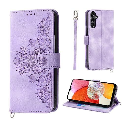 Auslbin Blumen Handyhülle Samsung A14 5G (2023) 6.6", Vintage-Stil PU-Leder Schutzhülle Samsung Galaxy A14 5G Hülle, Lila von Auslbin