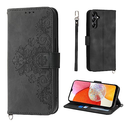 Auslbin Blumen Handyhülle Samsung A14 5G (2023) 6.6", Vintage-Stil PU-Leder Schutzhülle Samsung Galaxy A14 5G Hülle, Schwarz von Auslbin