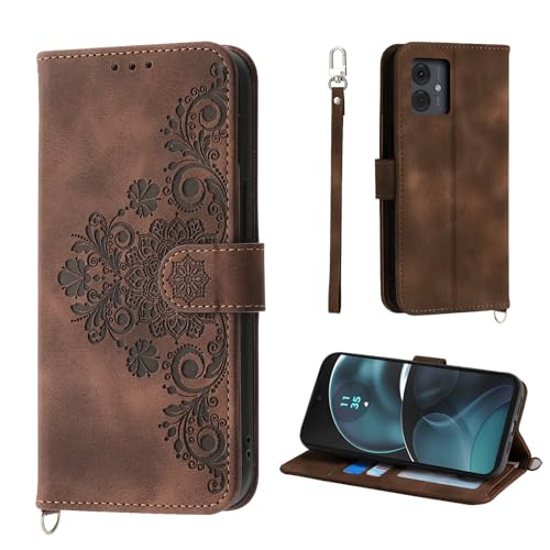 Auslbin Blumen Hülle Kompatibel mit Motorola Moto G14 4G 6.5" Tasche, 5 Kartenfächer Handyhülle Vintage-Stil PU-Leder Flip Schutzhülle für Moto G14 PAYF0010IN, Braun von Auslbin