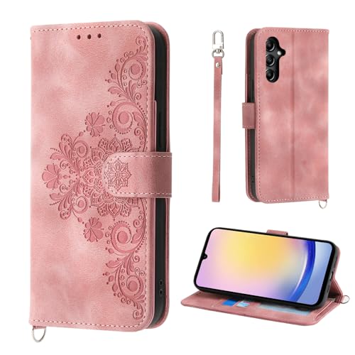 Auslbin Blumen Hülle Kompatibel mit Samsung Galaxy A25 5G 6.5" Tasche, 5 Kartenfächer Handyhülle Vintage-Stil PU-Leder Flip Schutzhülle für Samsung Galaxy A25 5G, Rosa von Auslbin