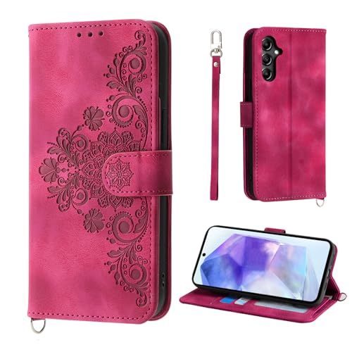 Auslbin Blumen Hülle Kompatibel mit Samsung Galaxy A55 5G 6.5" Tasche, 5 Kartenfächer Handyhülle Vintage-Stil PU-Leder Flip Schutzhülle für Samsung Galaxy A55 2023, Rot von Auslbin