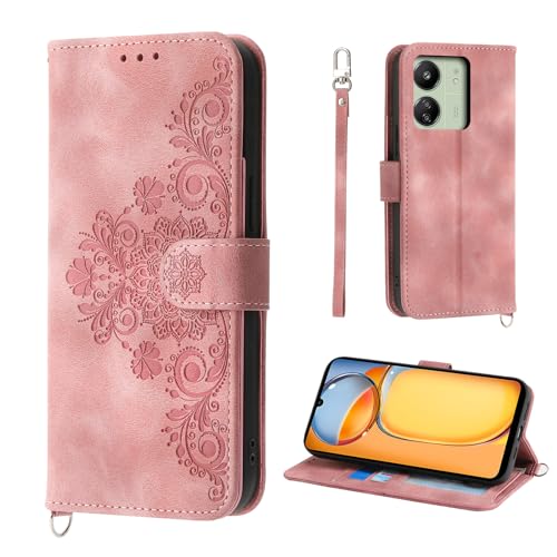 Auslbin Blumen Hülle Kompatibel mit Xiaomi Poco C65/ Redmi 13C 4/5G /Poco M6 6.74" Tasche, 5 Kartenfächer Handyhülle Vintage-Stil PU-Leder Flip Schutzhülle für C65/13C/M6, Rosa von Auslbin