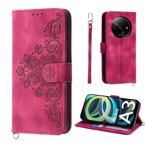 Auslbin Blumen Hülle Kompatibel mit Xiaomi Redmi A3 4G 6.71" 2024 Tasche, 5 Kartenfächer Handyhülle Vintage-Stil PU-Leder Flip Schutzhülle für Redmi A3 4G 2024, Rot von Auslbin