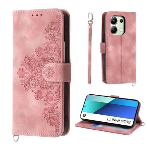 Auslbin Blumen Hülle Kompatibel mit Xiaomi Redmi Note 13 4G 6.67" Tasche, 5 Kartenfächer Handyhülle Vintage-Stil PU-Leder Flip Schutzhülle für Redmi Note 13 4G, Rosa von Auslbin