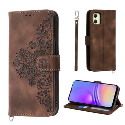 Auslbin Blumen Hülle Samsung Galaxy A05 4G 6.7" Tasche, 5 Kartenfächer Handyhülle Vintage-Stil PU-Leder Flip Schutzhülle für Samsung A05 4G /SM-A055, Braun von Auslbin