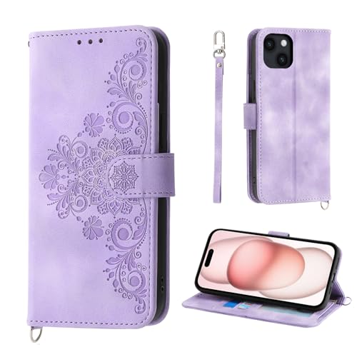 Auslbin Blumen Hülle für iPhone 15 6.1" 2023, Vintage-Stil PU-Leder Schutzhülle für iPhone 15 Handyhülle, Lila von Auslbin