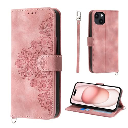 Auslbin Blumen Hülle für iPhone 15 6.1" 2023, Vintage-Stil PU-Leder Schutzhülle für iPhone 15 Handyhülle, Rosa von Auslbin