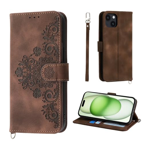 Auslbin Blumen Hülle für iPhone 15 Plus 6.7" 2023, Vintage-Stil PU-Leder Schutzhülle für iPhone 15 Plus 6.7" 2023 Handyhülle, Braun von Auslbin