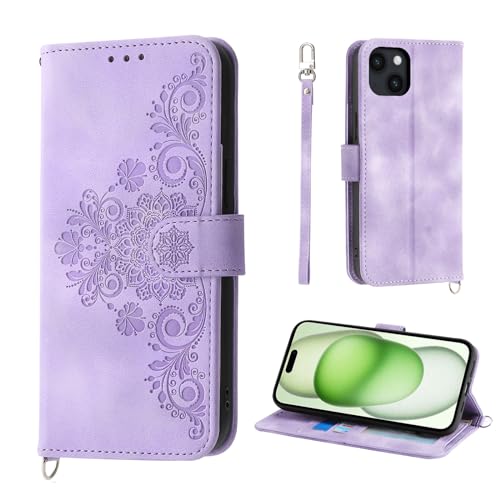 Auslbin Blumen Hülle für iPhone 15 Plus 6.7" 2023, Vintage-Stil PU-Leder Schutzhülle für iPhone 15 Plus 6.7" 2023 Handyhülle, Lila von Auslbin