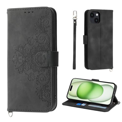 Auslbin Blumen Hülle für iPhone 15 Plus 6.7" 2023, Vintage-Stil PU-Leder Schutzhülle für iPhone 15 Plus 6.7" 2023 Handyhülle, Schwarz von Auslbin