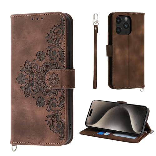 Auslbin Blumen Hülle für iPhone 15 Pro Max 6.7" 2023, Vintage-Stil PU-Leder Schutzhülle für iPhone 15 Pro Max 6.7" 2023 Handyhülle, Braun von Auslbin