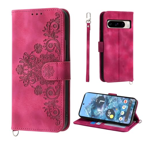 Auslbin Blumen Pixel 8 Pro Case (2023) 6.7", Vintage-Stil PU-Leder Schutzfür Google Pixel 8 Pro (2023), Rot von Auslbin