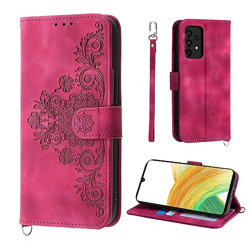 Auslbin Blumen Samsung A33 Hülle 5G (2022) 6.4", Vintage-Stil PU-Leder Schutzhülle für Samsung Galaxy A33 5G (2022), Rot von Auslbin