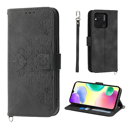 Auslbin Blumen Xiaomi Redmi 9C Hülle 10A (2020/2021) 6.53", Vintage-Stil PU-Leder Schutzhülle für Xiaomi Redmi 9C/10A (2020), Schwarz von Auslbin