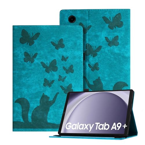 Auslbin Geprägte Hülle für Samsung Galaxy Tab A9+ 2023 11", Schmetterlings und Katzen Themen Retro PU Leder Tablet Hülle für Tab A9+ A9 Plus SM-X210 SM-X215, Grün von Auslbin