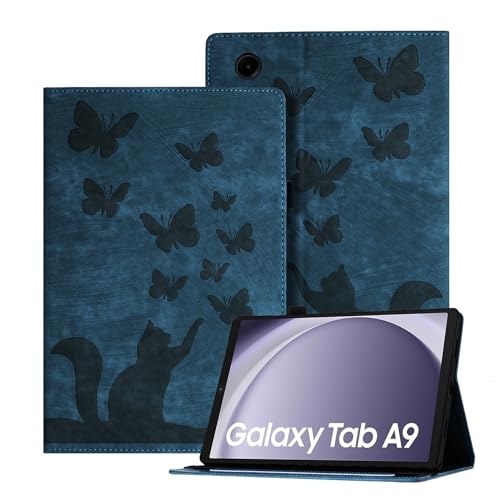 Auslbin Geprägte Hülle für Samsung Galaxy Tab A9 8.7" 2023, Schmetterlings und Katzen Themen Retro PU Leder Tablet Hülle für Tab A9 (2023) SM-X110/SM-X115, Blau von Auslbin