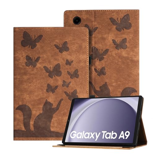 Auslbin Geprägte Hülle für Samsung Galaxy Tab A9 8.7" 2023, Schmetterlings und Katzen Themen Retro PU Leder Tablet Hülle für Tab A9 (2023) SM-X110/SM-X115, Braun von Auslbin
