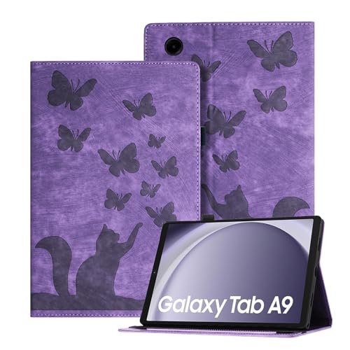 Auslbin Geprägte Hülle für Samsung Galaxy Tab A9 8.7" 2023, Schmetterlings und Katzen Themen Retro PU Leder Tablet Hülle für Tab A9 (2023) SM-X110/SM-X115, Lila von Auslbin