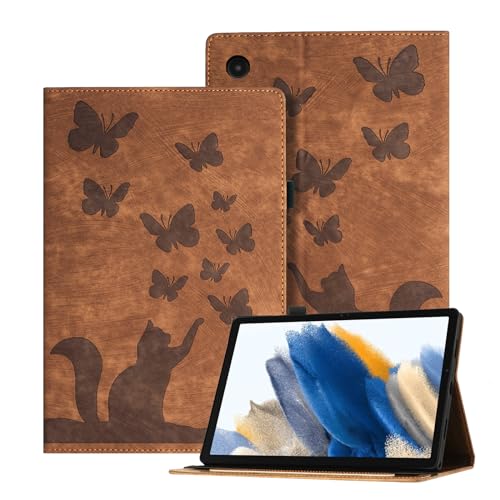 Auslbin Geprägte Samsung Tablet A8 Hülle (2021) 10.5", Schmetterlings und Katzen Themen Retro PU Leder Tablet Hülle für Sam Tab A8 (2021) 10.5", Braun von Auslbin