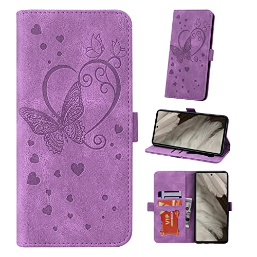 Auslbin Google Pixel 7A Hülle 6.1", Butterfly PU Leder Mobile Flip Cover mit Armband für Google Pixel 7A, Lila von Auslbin