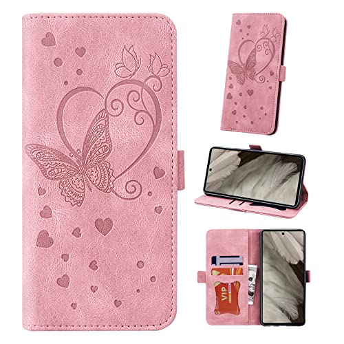 Auslbin Google Pixel 7A Hülle 6.1", Butterfly PU Leder Mobile Flip Cover mit Armband für Google Pixel 7A, Rosa von Auslbin