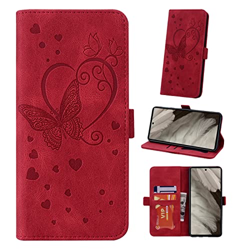 Auslbin Google Pixel 7A Hülle 6.1", Butterfly PU Leder Mobile Flip Cover mit Armband für Google Pixel 7A, Rot von Auslbin