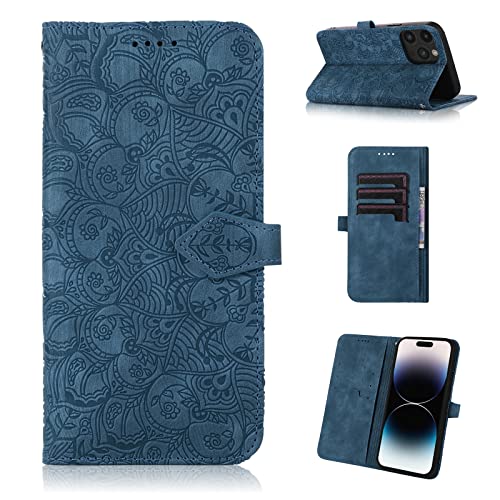 Auslbin Handyhülle für iPhone 14 Pro Hülle Geprägtes Mandala PU Leder Schutzhülle iPhone 14 Pro Lederhülle Flip Wallet Case für iPhone 14 Pro - Blau von Auslbin