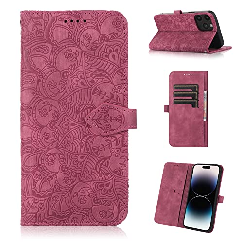 Auslbin Handyhülle für iPhone 14 Pro Hülle Geprägtes Mandala PU Leder Schutzhülle iPhone 14 Pro Lederhülle Flip Wallet Case für iPhone 14 Pro - Rot von Auslbin