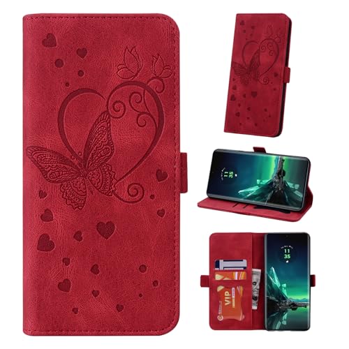 Auslbin Hülle für Motorola Moto Edge 40 Neo 5G 6.5" Tasche, Schmetterlings PU-Leder Schutzhülle Flip Handyhülle mit Armband für Moto Edge 40 Neo /XT2307-1, Rot von Auslbin