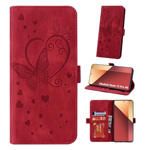 Auslbin Hülle für Redmi Note 13 Pro 4G/M6 Pro 4G 6.67" Tasche, Schmetterlings PU-Leder Schutzhülle Flip Handyhülle mit Armband für Note 13 Pro 4G/M6 Pro 4G, Rot von Auslbin