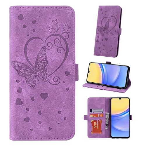 Auslbin Hülle für Samsung Galaxy A15 4/5G 6.4" Tasche, Schmetterlings PU-Leder Schutzhülle Flip Handyhülle mit Armband für Samsung Galaxy A15 SM-A155F SM-A156B, Lila von Auslbin