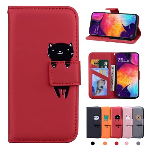 Auslbin Hülle für Samsung Galaxy A50/A50S/A30S,Premium Leder Flip Wallet Schutzhülle Tasche Handyhülle für Samsung Galaxy A50/A50S/A30S(Rot Katze) von Auslbin