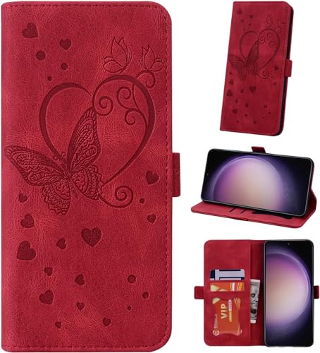 Auslbin Hülle für Samsung Galaxy S23 FE 5G 6.4" Tasche, Schmetterlings PU-Leder Schutzhülle Flip Handyhülle mit Armband für Galaxy S23 FE 5G SM-S711B SM-S711B/DS, Rot von Auslbin