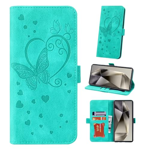 Auslbin Hülle für Samsung Galaxy S24 Ultra/ S24U 5G Tasche, Schmetterlings PU-Leder Schutzhülle Flip Handyhülle mit Armband für Samsung Galaxy S24 Ultra/ S24U, Grün von Auslbin