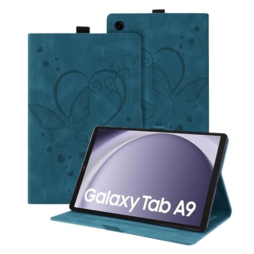 Auslbin Hülle für Samsung Galaxy Tab A9 8.7" 2023, PU Leder mit Schmetterlingsprägung und Standfunktion, Tablet Hülle Kompatibel für Tab A9 (2023) SM-X110/SM-X115, Blau von Auslbin