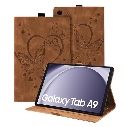 Auslbin Hülle für Samsung Galaxy Tab A9 8.7" 2023, PU Leder mit Schmetterlingsprägung und Standfunktion, Tablet Hülle Kompatibel für Tab A9 (2023) SM-X110/SM-X115, Braun von Auslbin