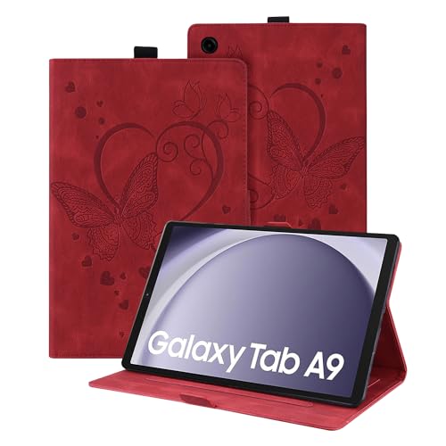 Auslbin Hülle für Samsung Galaxy Tab A9 8.7" 2023, PU Leder mit Schmetterlingsprägung und Standfunktion, Tablet Hülle Kompatibel für Tab A9 (2023) SM-X110/SM-X115, Rot von Auslbin