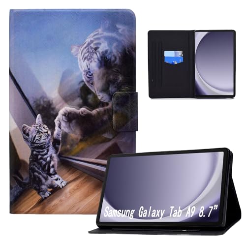 Auslbin Hülle für Samsung Galaxy Tab A9 8.7" SM-X110 SM-X115 Schutzhülle PU Leder Case Magnetisch Flip Cover mit Ständer für Samsung Galaxy Tab A9 8.7" SM-X110 SM-X115,Katze und Tiger von Auslbin