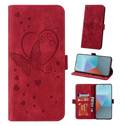 Auslbin Hülle für Xiaomi Redmi Note 13 Pro 5G 6.67" Tasche, Schmetterlings PU-Leder Schutzhülle Flip Handyhülle mit Armband für Note 13 Pro 5G /2312DRA50C, Rot von Auslbin