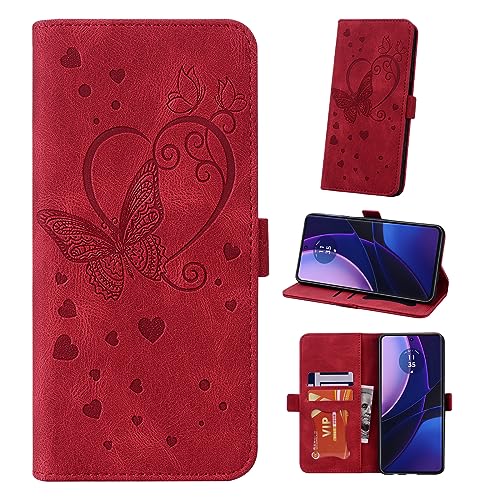 Auslbin Motorola Edge 40 Hülle (2023) 6.55", Butterfly PU Leder Mobile Flip Cover mit Armband für Motorola Edge 40 (2023) 6.55", Rot von Auslbin