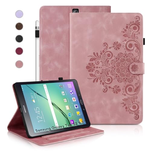 Auslbin Samsung Galaxy Tab S2 Hülle 9.7 (2015), Retro Tab S2 9.7 SM-T810/T813 Schutzhüllen im einfarbig, geprägten Stil, magnetisches Schnallen Design, Standfunktion, Rosa von Auslbin
