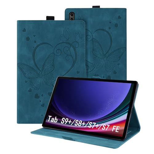 Auslbin Samsung Galaxy Tab S9+ Hülle 12.4" Tablet S7 FE S8+ S7+, PU Leder mit Schmetterlingsprägung und Standfunktion, Kratzfest Tasche für Tab SM-X810 X800 T730 T970, Blau von Auslbin