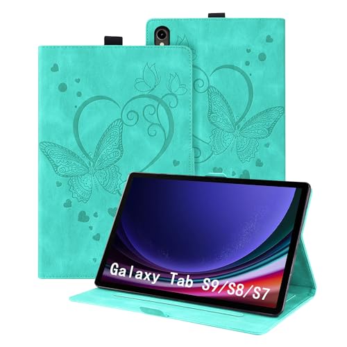 Auslbin Samsung Galaxy Tab S9 Hülle (2023) 11" Tab S8 S7, PU Leder mit Schmetterlingsprägung und Standfunktion, Kratzfest Tasche für Tab SM-X710 X700 T870, Grün von Auslbin