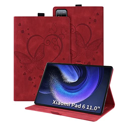 Auslbin Xiaomi Pad 6/Xiaomi Pad 6 Pro 11" Hülle, PU Leder mit Schmetterlingsprägung und Standfunktion, für Xiaomi Pad 6/Xiaomi Pad 6 Pro, Rot von Auslbin