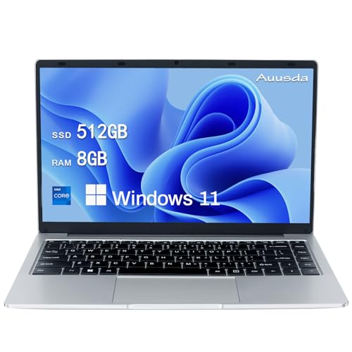 Auusda 14.1 Inch Laptop 8GB RAM 512GB SSD, 3TB Storage Expand, Intel Celeron J4105 Up to 2.5 GHz, Windows 11 Pro, 5G WiFi, IPS 2K FHD, Webcam, Mini HDMI, USB 3.0 x2, Thin & Light Casual Gaming von Auusda